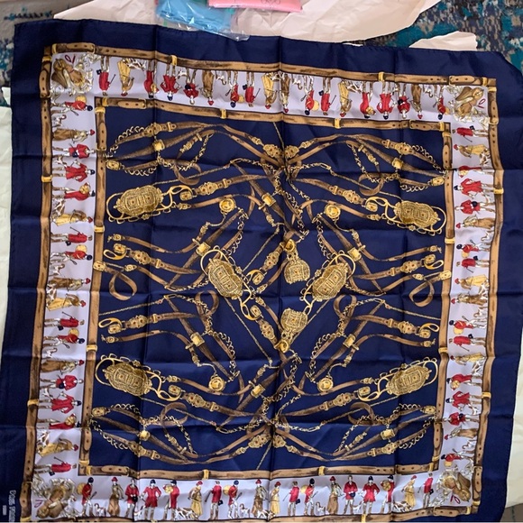 Paul France Navy and Gold Equestrian Print Scarf silk brandnew - Picture 2 of 9
